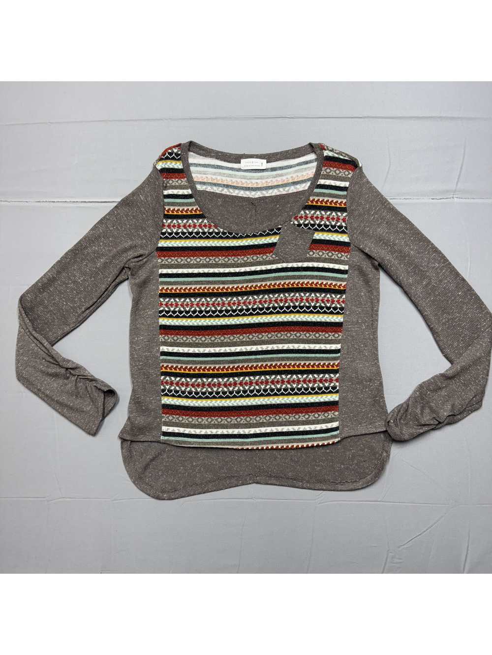 Love Tree Women L Brown Aztec Fair Isle Stripe Long Sleeve Scoop Neck Top